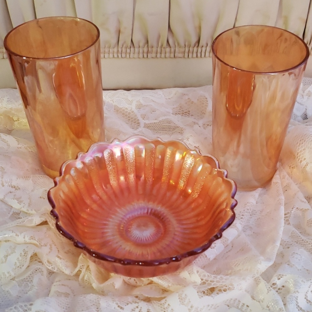 Vintage Carnival Glass 3 piece set orange